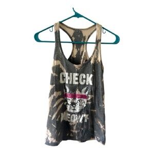 Bleach Dyed Graphic Racerback Tank – “Check Meowt” Cat Print